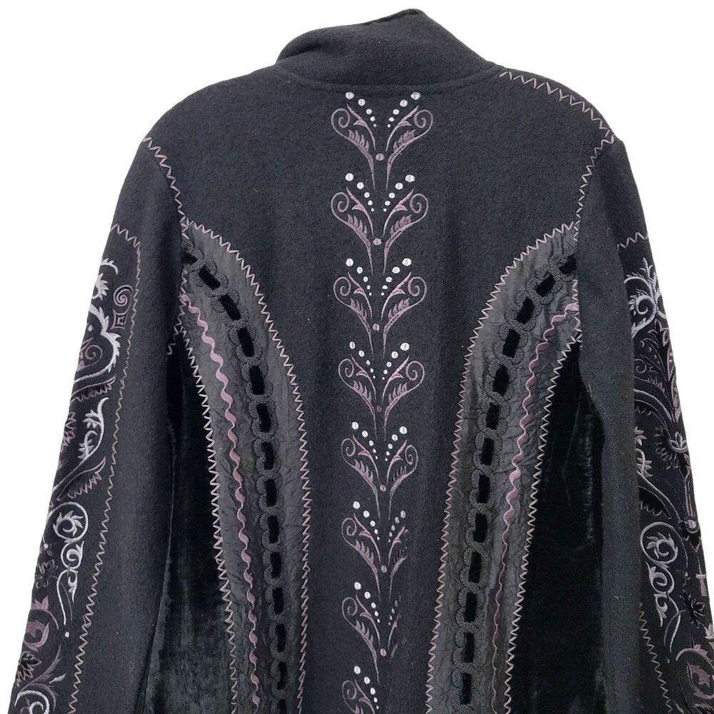 Covelo Women's Black Embroidered Wool Blend Jacket With Velvet Trim Button Front - Picture 4 of 7